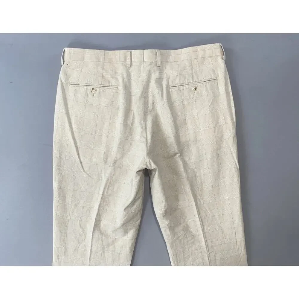 J Crew Ludlow Flat Front Baird McNutt Irish Linen Blend Pants. Ivory Plaid 35X30
